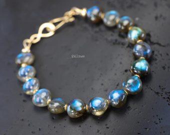 - Solid Gold 14K Labradorite Bracelet, Bold Blue Flash Labradorite Beaded Bracelet