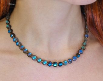 - Solid Gold 14K Labradorite Necklace, Bold Blue Labradorite Beaded Necklace