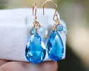 - Solid Gold 14K Large Swiss Blue Topaz and Rainbow Moonstone Earrings
