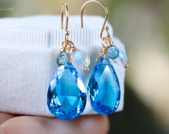- Solid Gold 14K Large Swiss Blue Topaz and Rainbow Moonstone Earrings