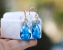 - Solid Gold 14K Large Swiss Blue Topaz and Rainbow Moonstone Earrings