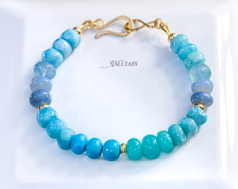 - Solid Gold 14K Larimar and Turquoise Bracelet, Aqua Blue Gemstone Statement Bracelet