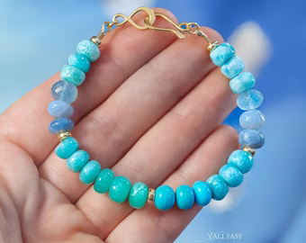 - Solid Gold 14K Larimar and Turquoise Bracelet, Aqua Blue Gemstone Statement Bracelet