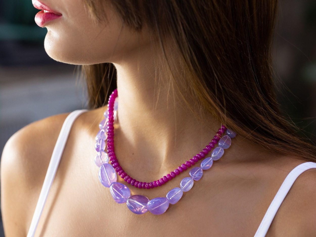 - Solid Gold 14K Lavender Quartz Necklace, Genuine Lavender Moon Quartz Gemstone Beaded Necklace