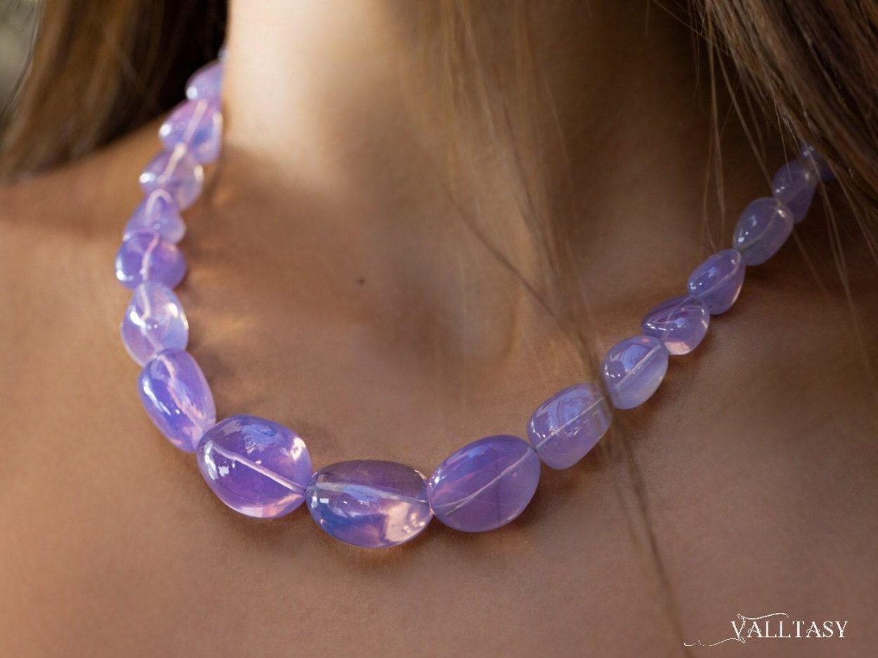 - Solid Gold 14K Lavender Quartz Necklace, Genuine Lavender Moon Quartz Gemstone Beaded Necklace