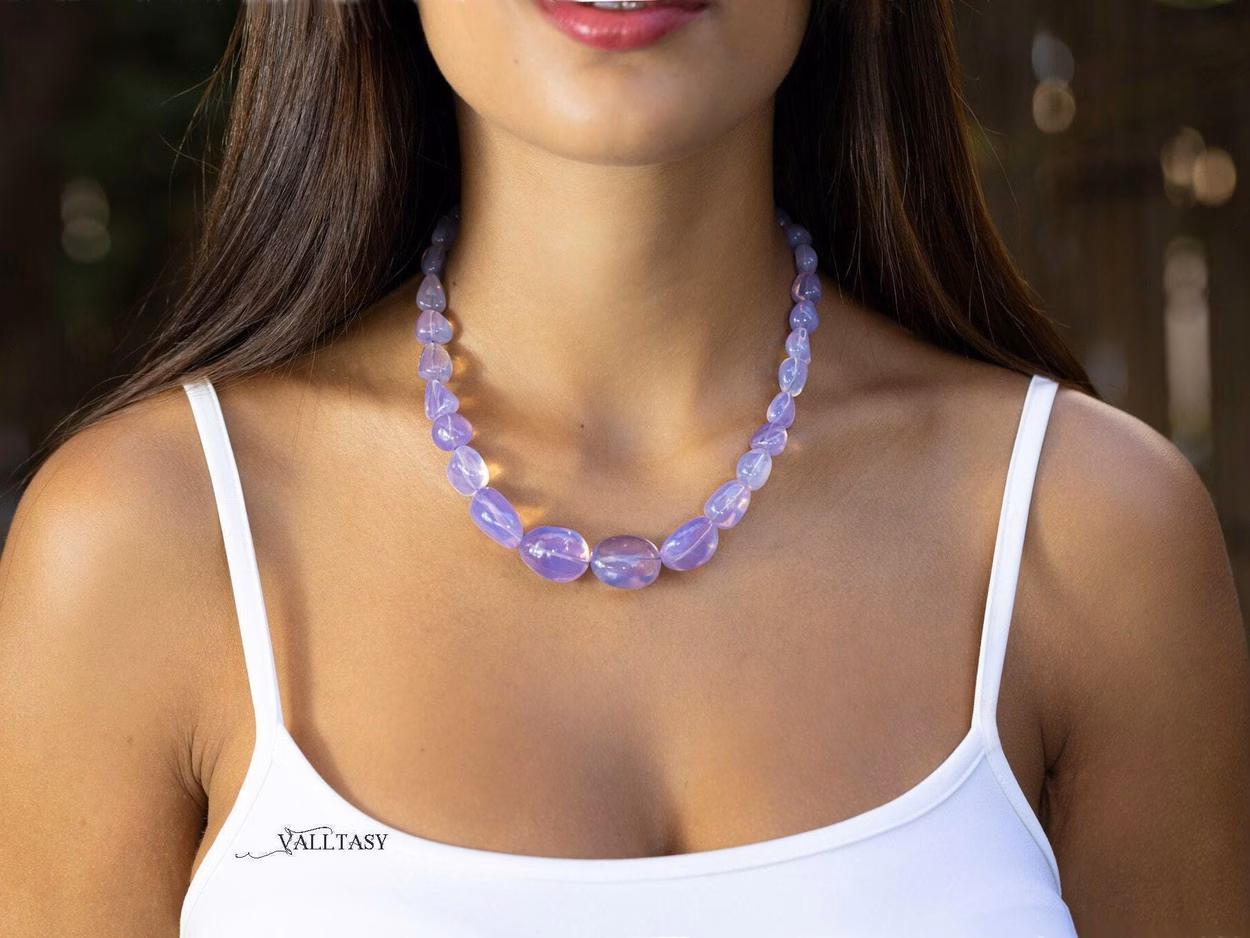 - Solid Gold 14K Lavender Quartz Necklace, Genuine Lavender Moon Quartz Gemstone Beaded Necklace