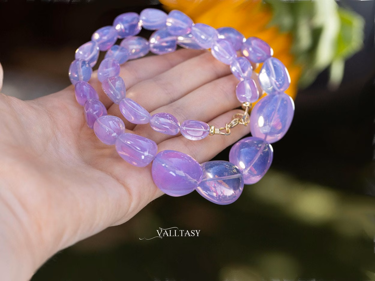 - Solid Gold 14K Lavender Quartz Necklace, Genuine Lavender Moon Quartz Gemstone Beaded Necklace