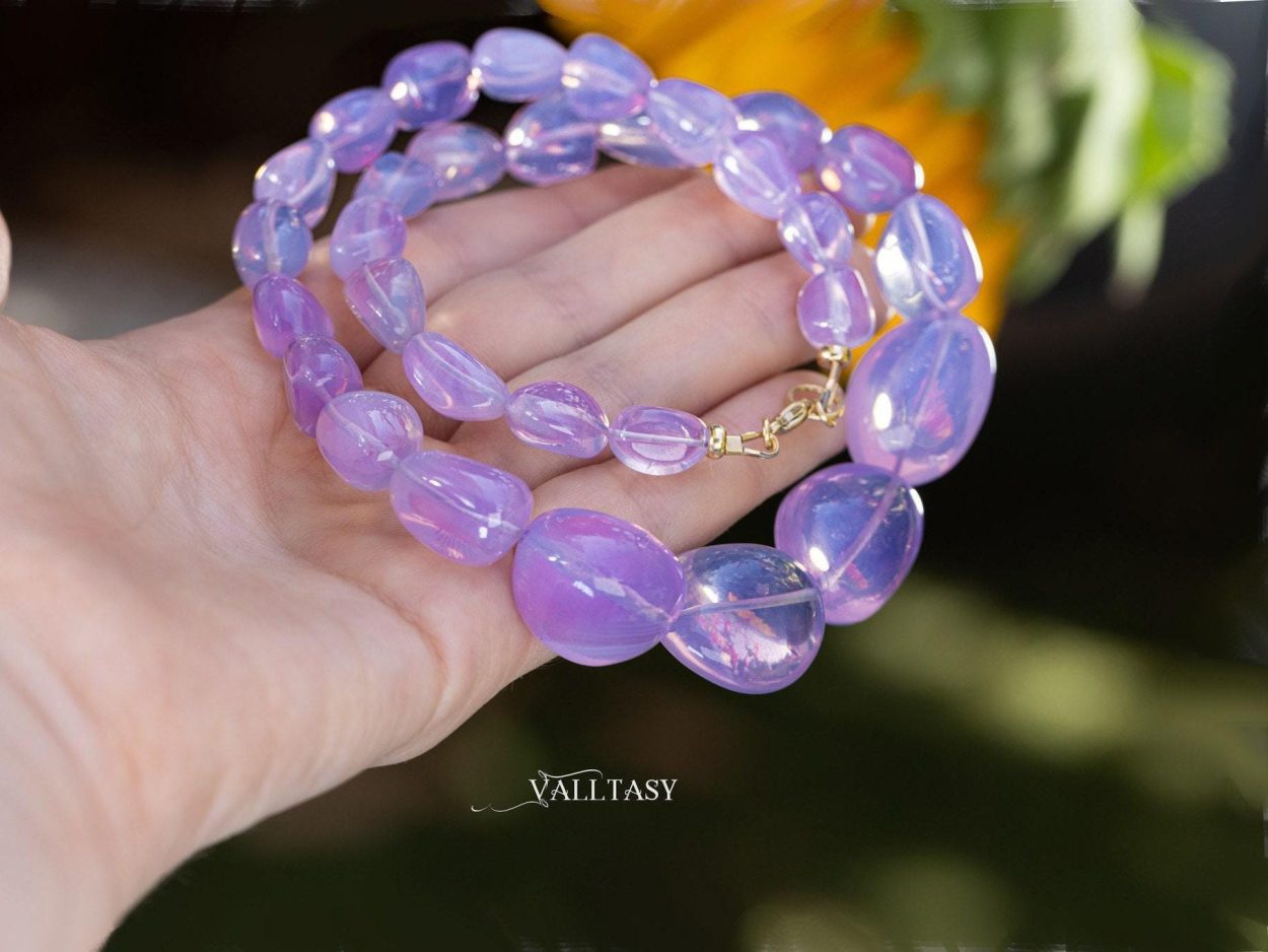 - Solid Gold 14K Lavender Quartz Necklace, Genuine Lavender Moon Quartz Gemstone Beaded Necklace