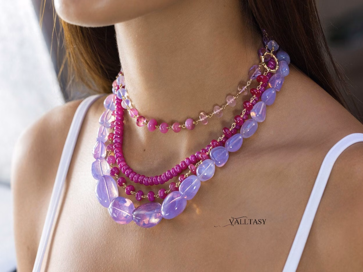 - Solid Gold 14K Lavender Quartz Necklace, Genuine Lavender Moon Quartz Gemstone Beaded Necklace