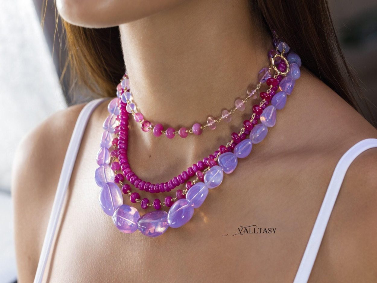 - Solid Gold 14K Lavender Quartz Necklace, Genuine Lavender Moon Quartz Gemstone Beaded Necklace