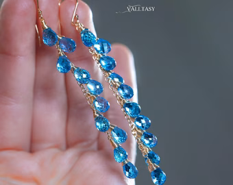 - Solid Gold 14K Long Swiss Blue Topaz Earrings, Statement Blue Gemstone Drop Earrings