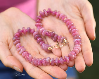- Solid Gold 14K Madagascar Rose Quartz and Pink Sapphire Necklace, Pink Gemstone Beaded Necklace