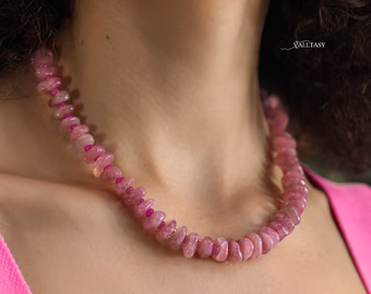 - Solid Gold 14K Madagascar Rose Quartz and Pink Sapphire Necklace, Pink Gemstone Beaded Necklace