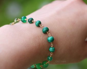 - Solid Gold 14K Malachite, Peridot and Chrysoprase Green Gemstone Bracelet