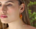 - Solid Gold 14K Mexican Fire Opal and Coral Earrings, Cluster Orange Gemstone Earrings