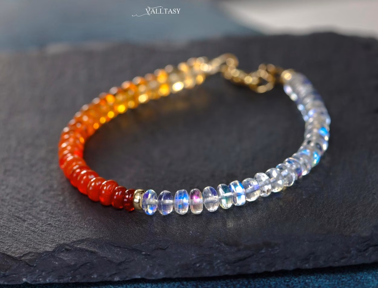 - Solid Gold 14K Mexican Fire Opal and Rainbow Moonstone Bracelet, Moonstone and Opal Beaded Bracelet