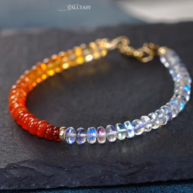 My Sunny Other Half Bracelet - Solid Gold 14K Mexican Fire Opal and Rainbow Moonstone Bracelet, Moonstone and Opal Beaded Bracelet