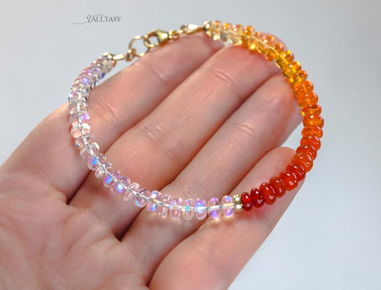 - Solid Gold 14K Mexican Fire Opal and Rainbow Moonstone Bracelet, Moonstone and Opal Beaded Bracelet