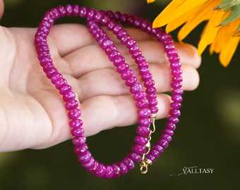- Solid Gold 14K Mogok Ruby Necklace, Genuine Pink Ruby Gemstone Beaded Necklace
