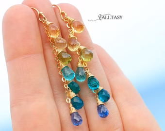 - Solid Gold 14K Multi Gemstone Aqua Blue Drop Earrings, Linear Gemstone Earrings