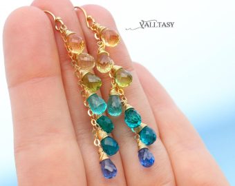 - Solid Gold 14K Multi Gemstone Aqua Blue Drop Earrings, Linear Gemstone Earrings
