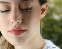 - Solid Gold 14K Multi Gemstone Aqua Blue Drop Earrings, Linear Gemstone Earrings