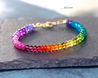 - Solid Gold 14K Multi Gemstone Bracelet, Rainbow Beaded Stacking Bracelet