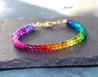- Solid Gold 14K Multi Gemstone Bracelet, Rainbow Beaded Stacking Bracelet