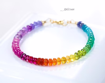 - Solid Gold 14K Multi Gemstone Bracelet, Rainbow Beaded Stacking Bracelet