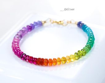 - Solid Gold 14K Multi Gemstone Bracelet, Rainbow Beaded Stacking Bracelet