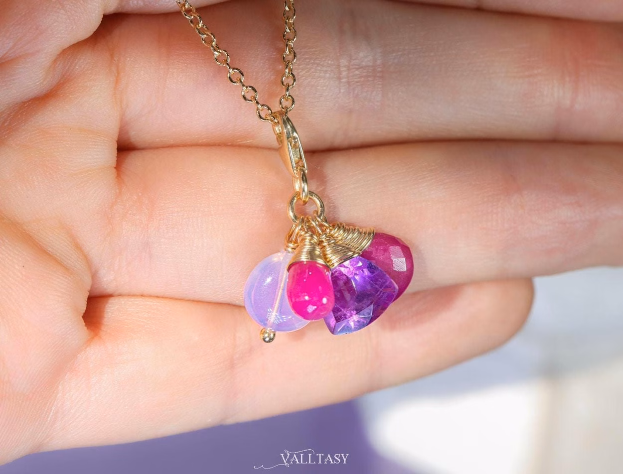 - Solid Gold 14K Multi Gemstone Charm with a Lobster Clasp