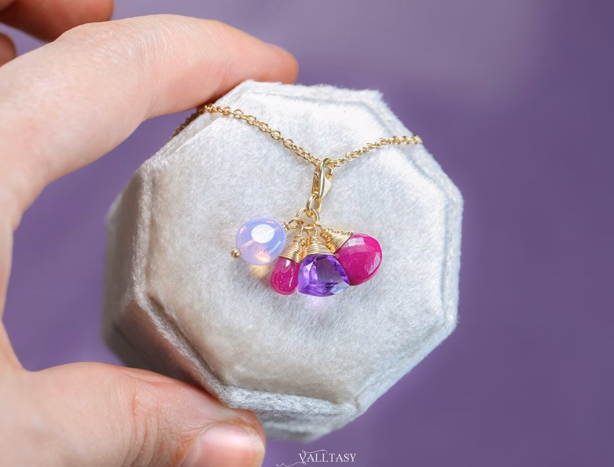 - Solid Gold 14K Multi Gemstone Charm with a Lobster Clasp