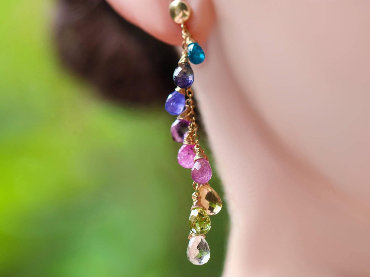 - Solid Gold 14K Multi Gemstone Colorful Rainbow Drop Earrings, Linear Long Earrings