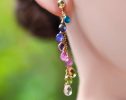 - Solid Gold 14K Multi Gemstone Colorful Rainbow Drop Earrings, Linear Long Earrings
