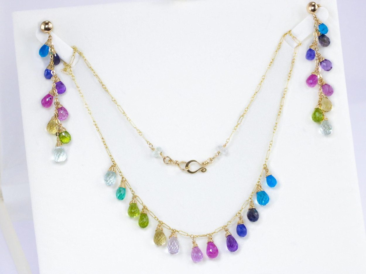 - Solid Gold 14K Multi Gemstone Colorful Rainbow Drop Earrings, Linear Long Earrings