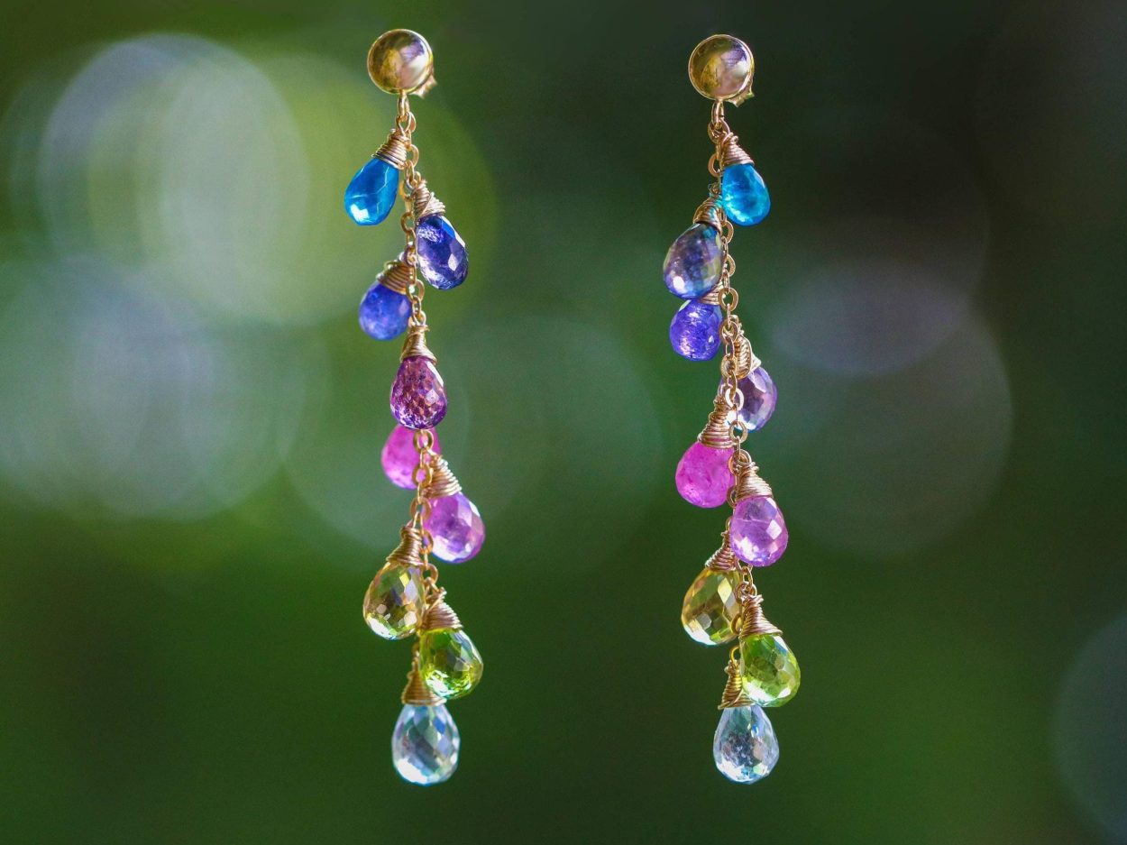 - Solid Gold 14K Multi Gemstone Colorful Rainbow Drop Earrings, Linear Long Earrings