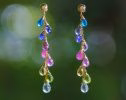 - Solid Gold 14K Multi Gemstone Colorful Rainbow Drop Earrings, Linear Long Earrings