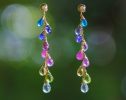 - Solid Gold 14K Multi Gemstone Colorful Rainbow Drop Earrings, Linear Long Earrings