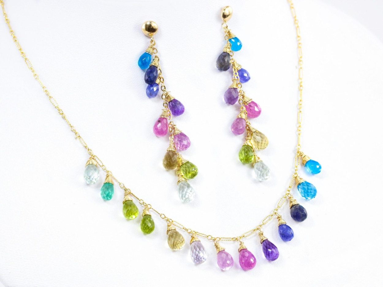 - Solid Gold 14K Multi Gemstone Colorful Rainbow Drop Earrings, Linear Long Earrings