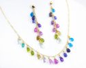 - Solid Gold 14K Multi Gemstone Colorful Rainbow Drop Earrings, Linear Long Earrings