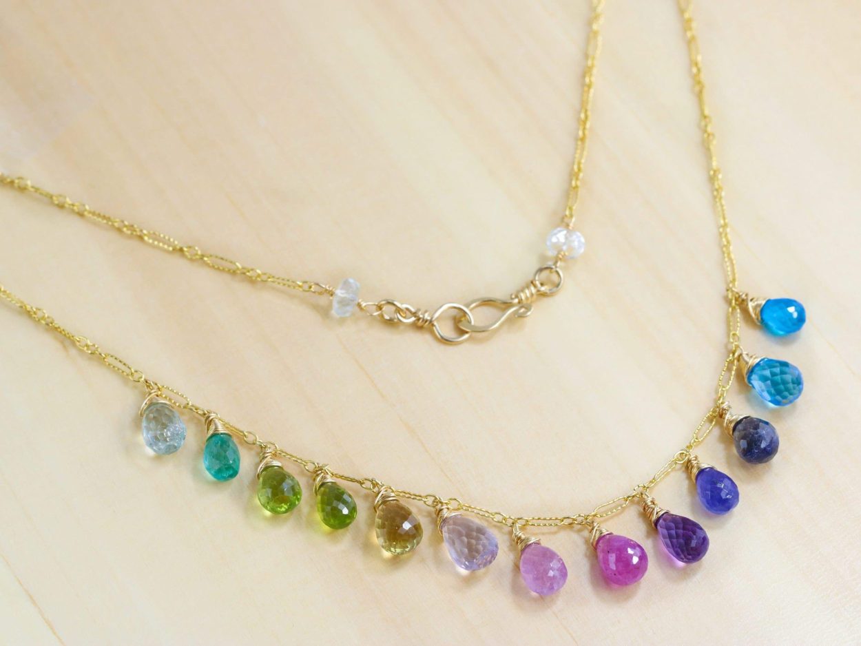 - Solid Gold 14K Multi Gemstone Colorful Rainbow Drop Earrings, Linear Long Earrings