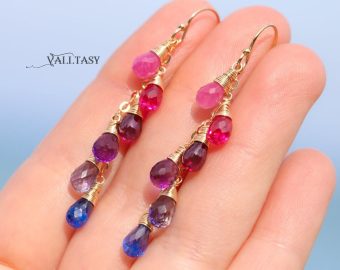 - Solid Gold 14K Multi Gemstone Colorful Rainbow Earrings, Linear Drop Earrings