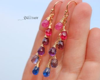 - Solid Gold 14K Multi Gemstone Colorful Rainbow Earrings, Linear Drop Earrings