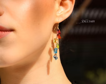 - Solid Gold 14K Multi Gemstone Earrings, Colorful Precious Rainbow Earrings, One of a Kind