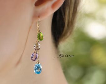 - Solid Gold 14K Multi Gemstone Earrings, Pastel Precious Earrings, One of a Kind