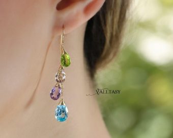 - Solid Gold 14K Multi Gemstone Earrings, Pastel Precious Earrings, One of a Kind