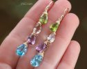 - Solid Gold 14K Multi Gemstone Earrings, Pastel Precious Earrings, One of a Kind