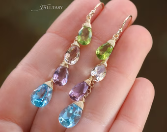 - Solid Gold 14K Multi Gemstone Earrings, Pastel Precious Earrings, One of a Kind