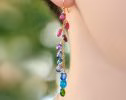 - Solid Gold 14K Multi Gemstone Earrings Wire Wrapped, Colorful Precious Earrings