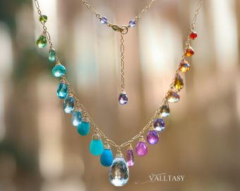 - Solid Gold 14K Multi Gemstone Necklace, Precious Drop Necklace, Pastel Candy Necklace